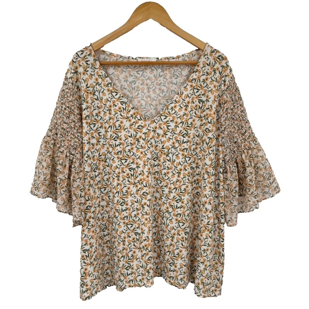 Calvin Klein Top 3X Floral Blouse Smocked Bell Sleeve V Neck Cottagecore Boho